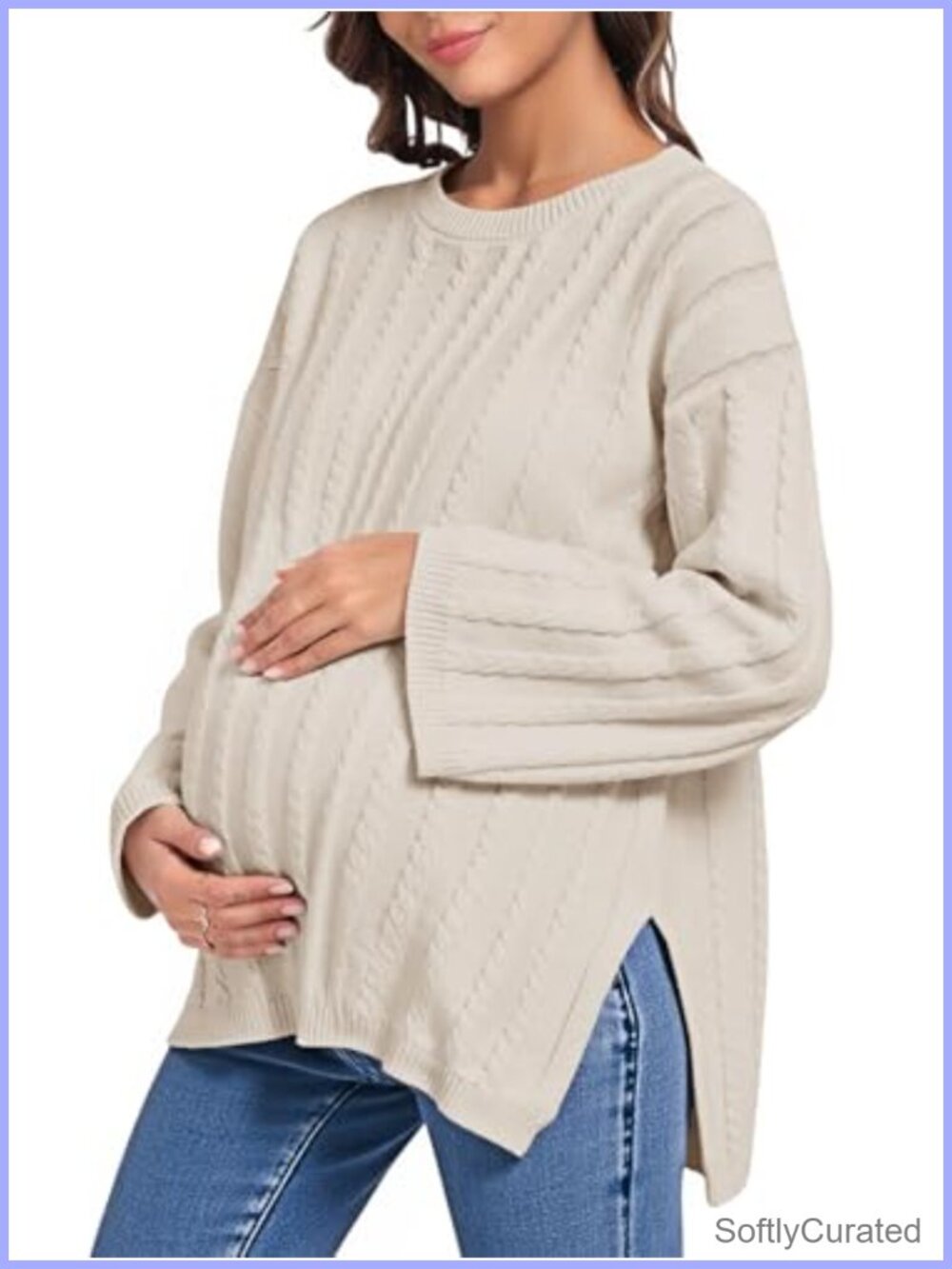 Maternity Sweater Tops Cable Knit Crewneck Long Sleeve Side Slit